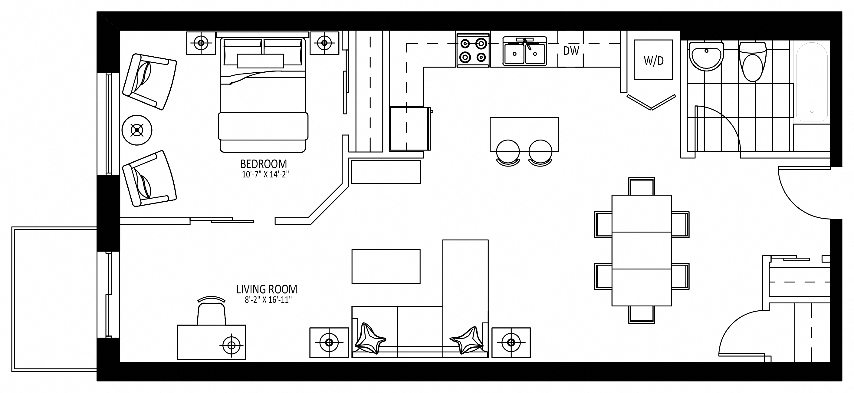 Floor plan for 1 bed, 1 bath, 930 sqft